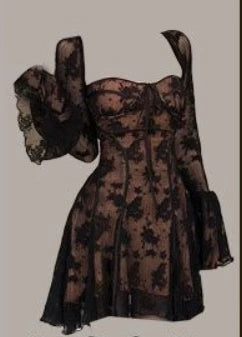 2024 Spring Vintage Lace Dress Women Casual Even Party Dress Korean Fashion Clothing Outwear Slim Bodycon Black Dress Female Y2k