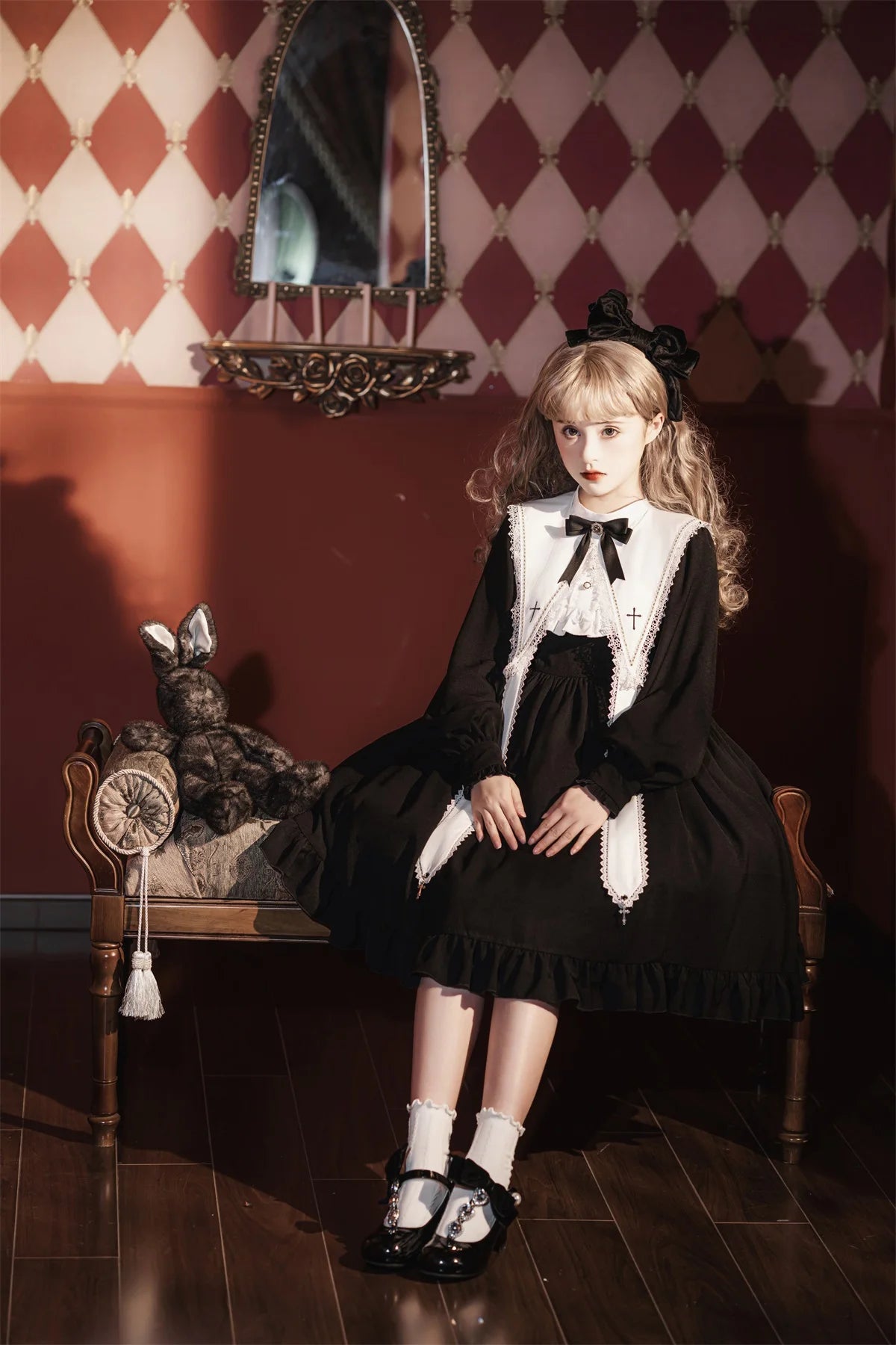 Contract Color Lolita Dress for Women Gothic Style Dark Girl Japanese Retro Op Dress Autumn and Winter Long Sleeve Black Dress
