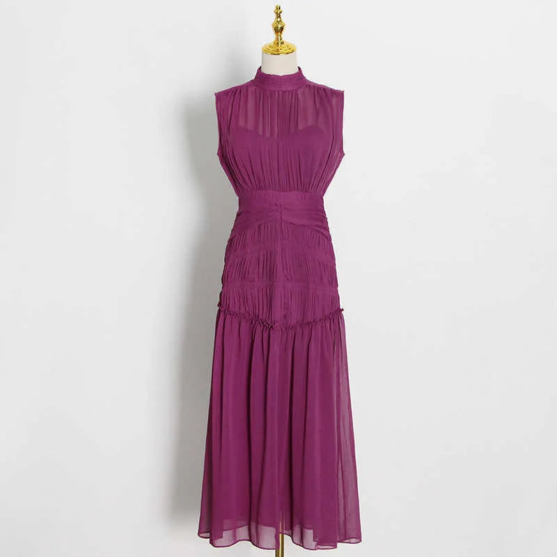TWOTWINSTYLE Vintage Ruched Dress For Women Stand Collar Sleeveless High Waist Chiffon Midi Dresses Female 2022 Fashion New