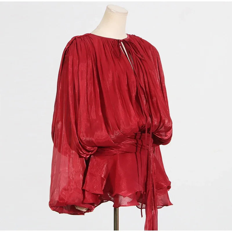 Luxury Elegant Mini Dress For Women V Collar Lace Up Blouse Dresses Long Sleeve Stacked Hem Vestido 2025 New Lady Women Clothing