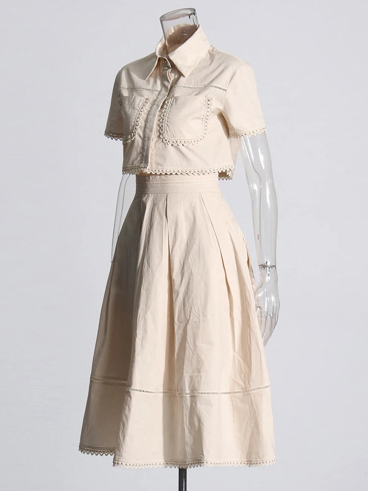 GALCAUR Elegant Two Piece Sets For Women Lapel Short Sleeve Tops High Waist A Line Pleated Skirts Solid Set Female Summer 2023