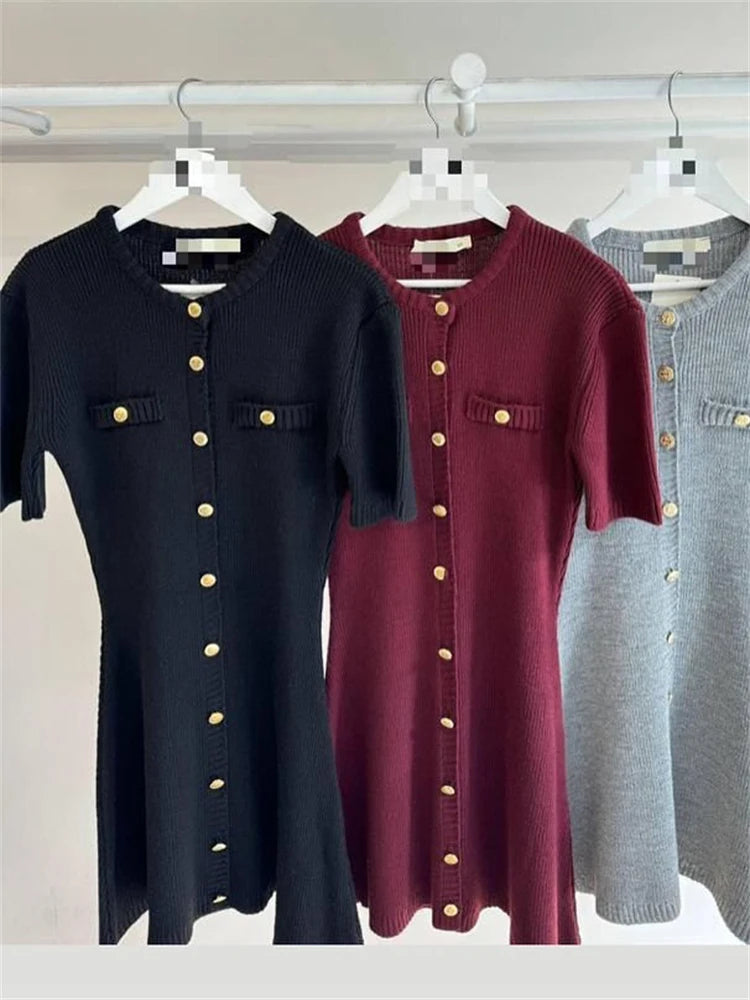 Trendix Elegant Knit Mini Dress Women Street Slim High Waist Short Sleeve Rib Sweater Dresses Vacation Bodycon Knitwear Dress