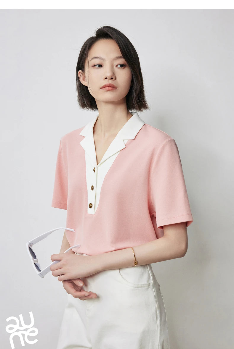 TOYOUTH Women Contrasting Colors POLO Collar T-shirt 2025 Summer New Short Sleeved Top