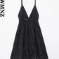 XNWMNZ 2024 Women Fashion Hollow out Embroidery Dress Vacation V-Neck Thin Strap Open Back Female Chic Mini Dresses