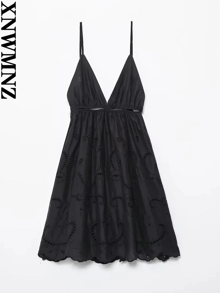 XNWMNZ 2024 Women Fashion Hollow out Embroidery Dress Vacation V-Neck Thin Strap Open Back Female Chic Mini Dresses