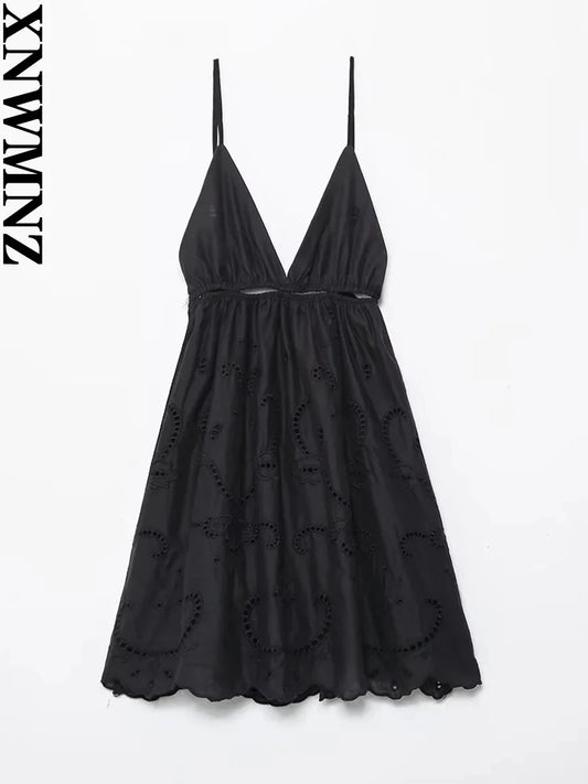XNWMNZ 2024 Women Fashion Hollow out Embroidery Dress Vacation V-Neck Thin Strap Open Back Female Chic Mini Dresses