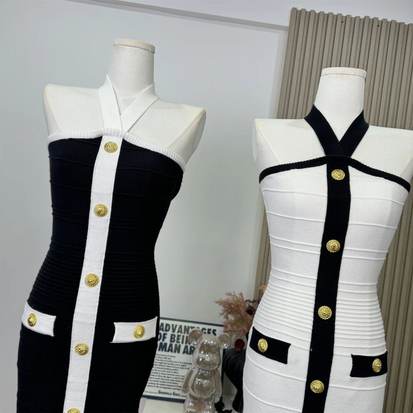 2025 Women Celebrity Sexy Backless Halter Button Bodycon Black Mini Bandage Dress Elegant Evening Club Party Dresses Vestidos