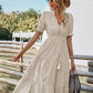 Women's Causal Striped Tassel Medium Long Dress V Neck Button Short Sleeve Spring Summer Dress