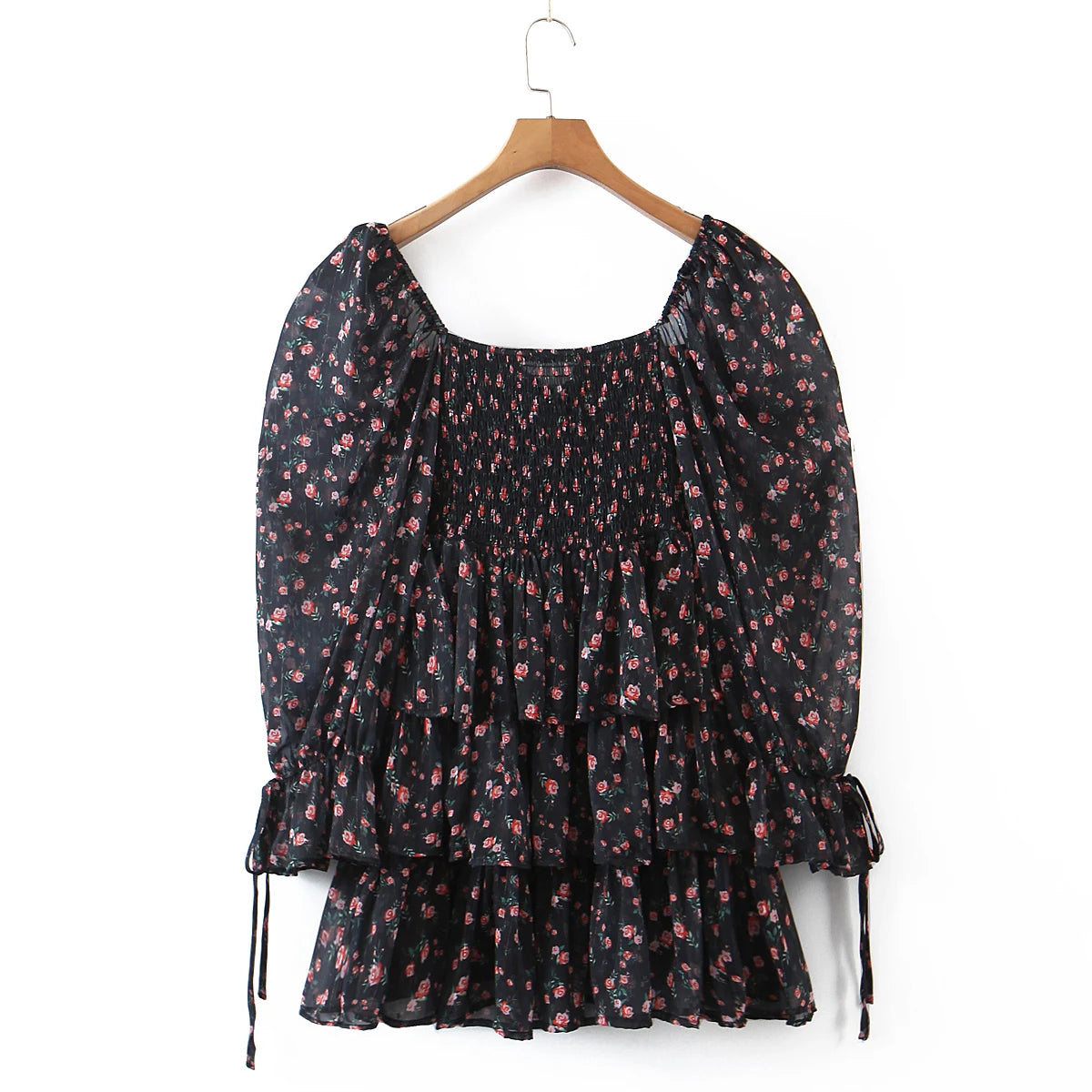 2022 Women Sexy Cross Bandage Black Flower Print Puff Long Sleeve Dress 3 layer Wood Ears Ruffles Hem Cake Mini Holiday Robe