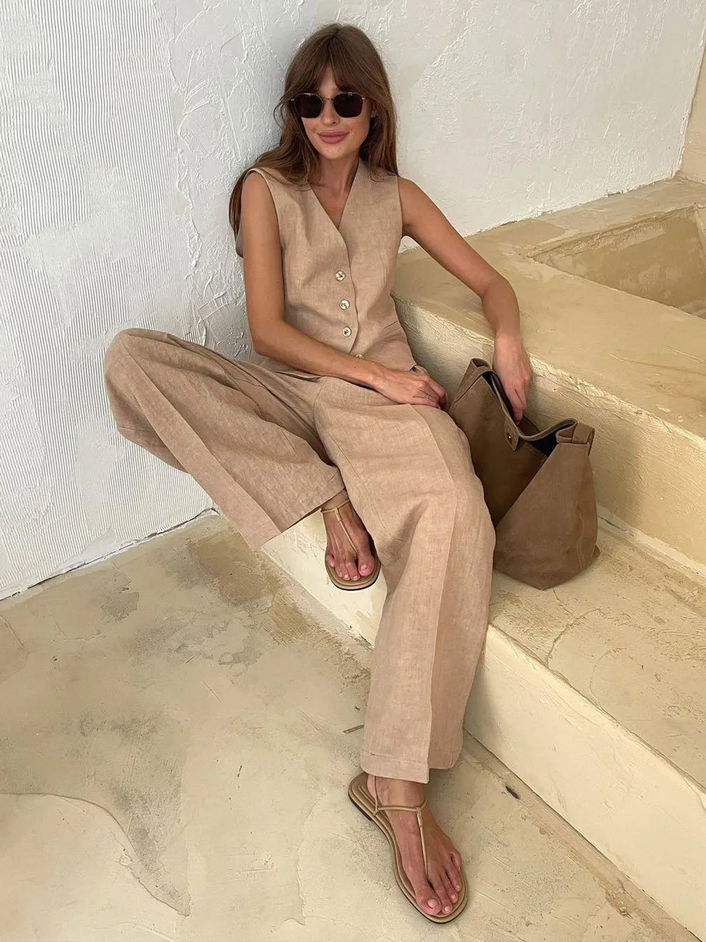 Cotton Linen Blend Vest Wide Leg Pants Suit Spring and Summer Women's Casual Fashion Sleeveless Vest Pleated Low Waist Pants Set