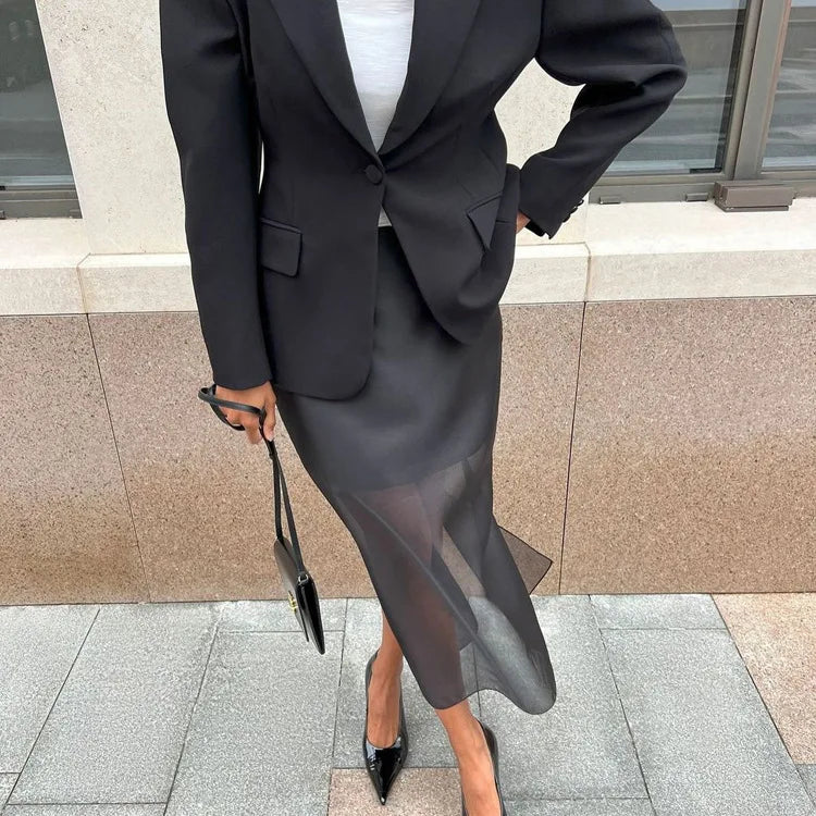 Tuularose Black Mesh Skirt Women's Sexy Perspective High Waist Slit Hip Cover Skirt Summer Fashion Casual Office Lady Skirt 2025