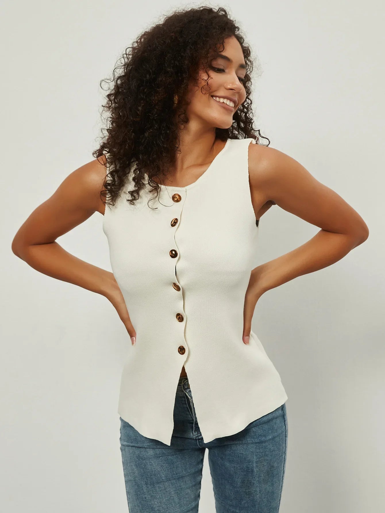 Slim Fit Knitted Vest Single Button Women's Style Cross-Border Clothing Crew Neck Tank Top Fashionable And Stylish