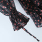 2022 Women Sexy Cross Bandage Black Flower Print Puff Long Sleeve Dress 3 layer Wood Ears Ruffles Hem Cake Mini Holiday Robe
