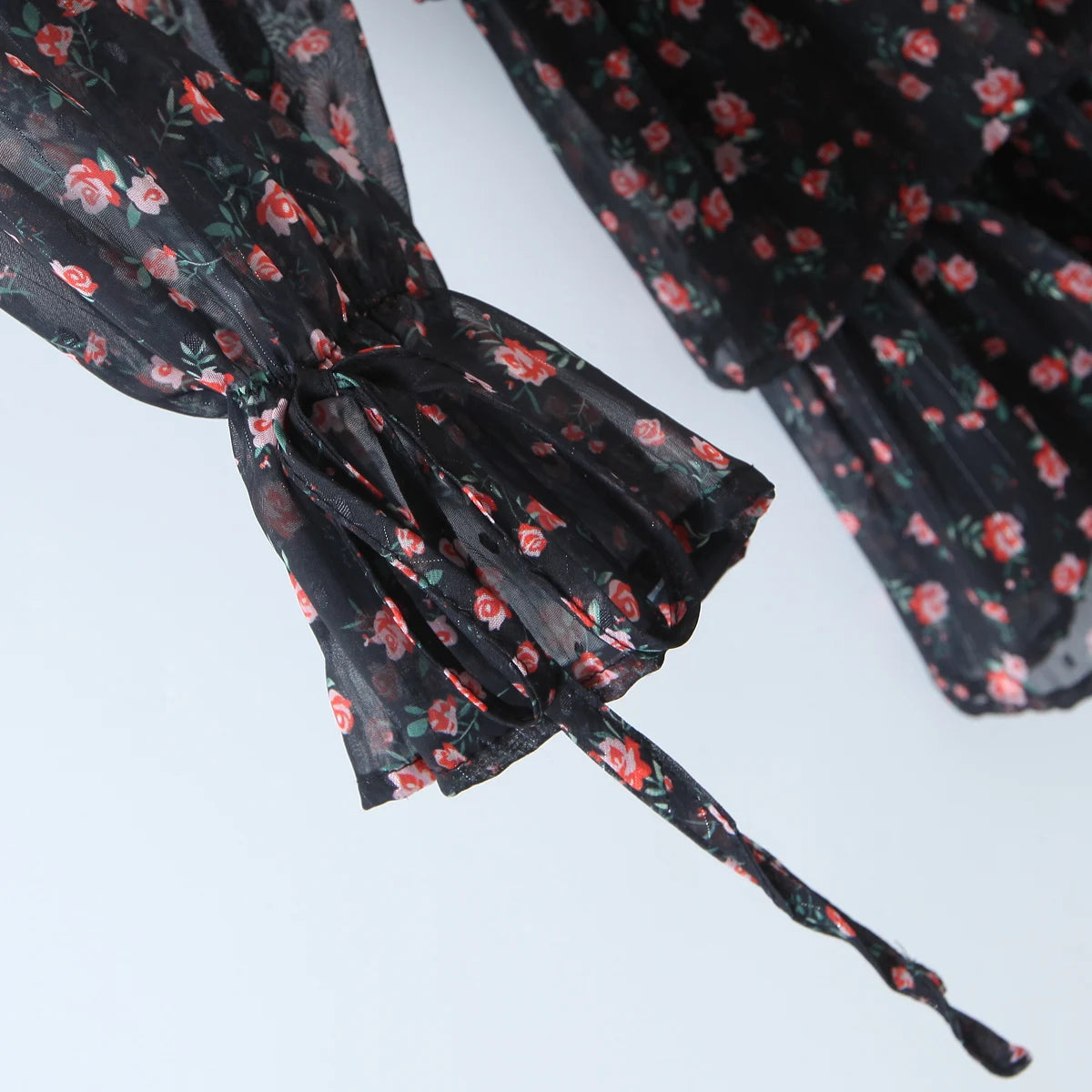 2022 Women Sexy Cross Bandage Black Flower Print Puff Long Sleeve Dress 3 layer Wood Ears Ruffles Hem Cake Mini Holiday Robe
