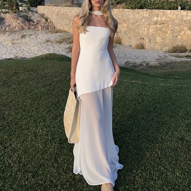 Casual Mesh Patchwork Women's Long Dress Fashion Strapless Split Banquet Dress 2025 Spring Summer Elegant Solid Holiday Dresses