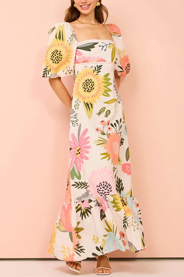 Fashion Square Collar Printed Long Dress Women Elegant Casual Short Puff Sleeved Dresses 2024 Summer Chic Female Vacation Robes