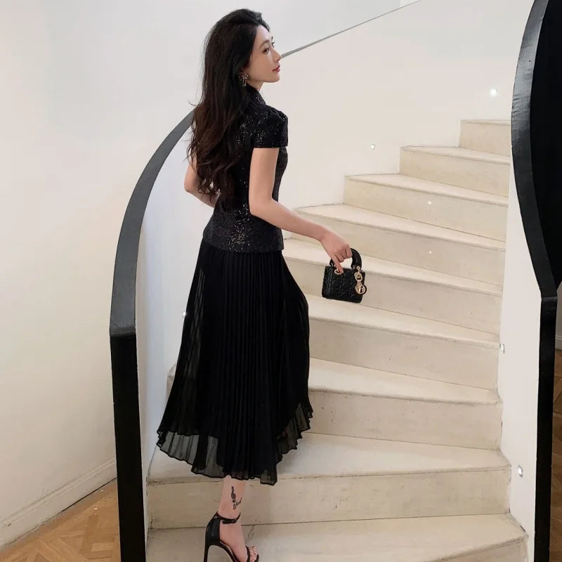 Luxury Tweed Dresses Women 2025 Summer Holiday Big Bow Crystal Fake 2 Piece Sets Sequins Chiffon Long Dress Party Vestidos Prom