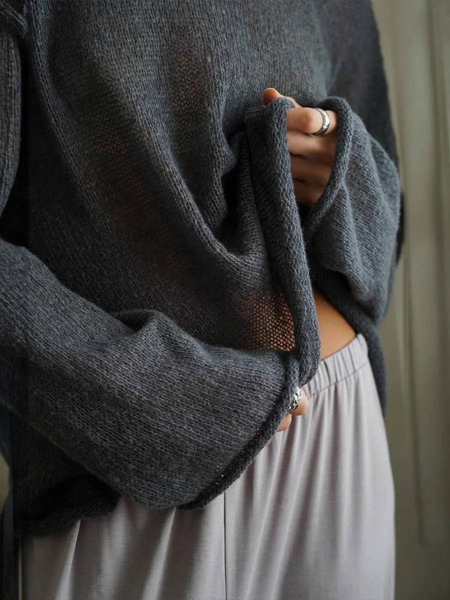 Original Fashion Hollow Out Knit Shirt Spring And Summer Women's Perspective Thin O-Neck Loose Elastic Long Sleeve Knit T-shirt