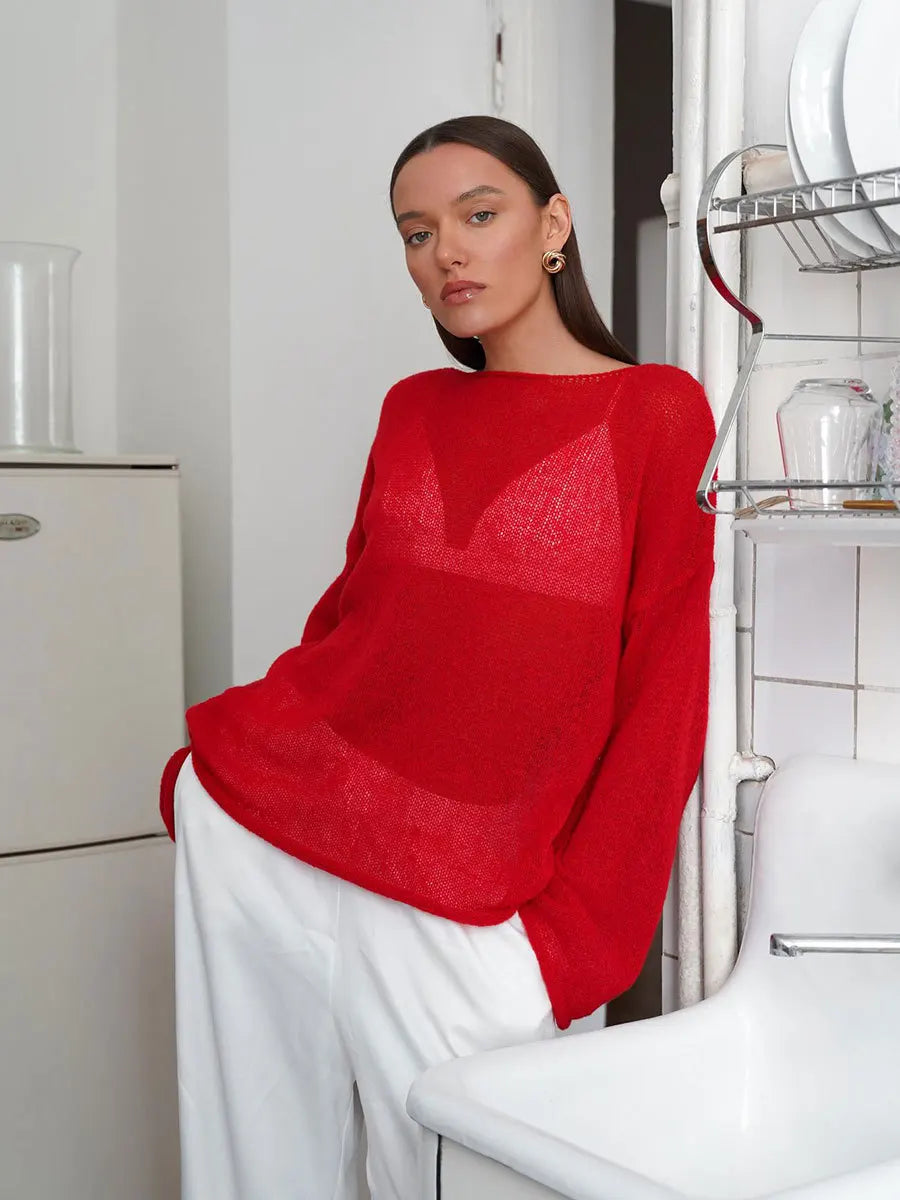 Original Fashion Hollow Out Knit Shirt Spring And Summer Women's Perspective Thin O-Neck Loose Elastic Long Sleeve Knit T-shirt