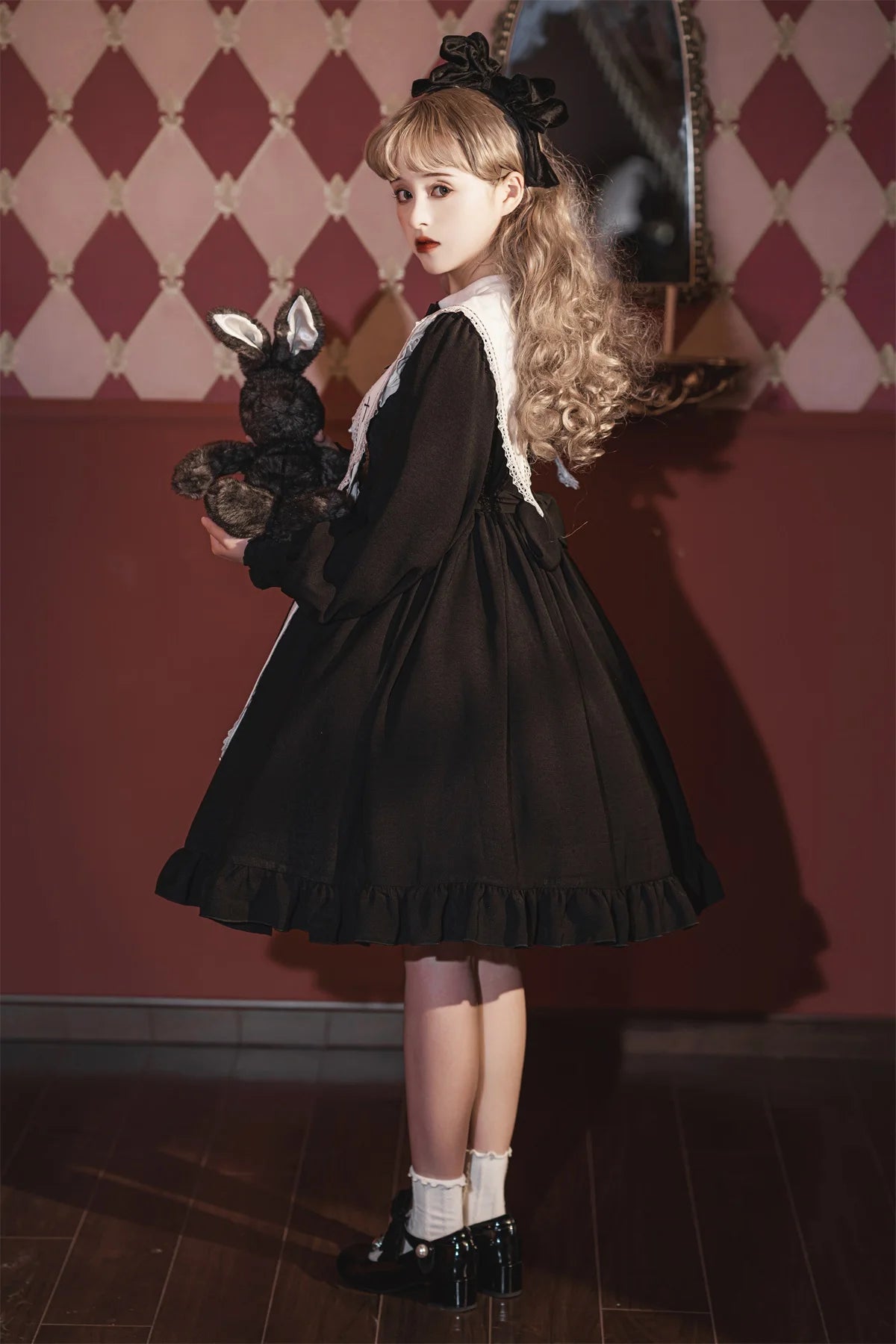 Contract Color Lolita Dress for Women Gothic Style Dark Girl Japanese Retro Op Dress Autumn and Winter Long Sleeve Black Dress