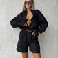 Wolfeel Women's Casual Shorts Sets 100% Cotton Solid Color Cozy Lapel Long Sleeve Shirt Summer New Elastic Waist Shorts Suits