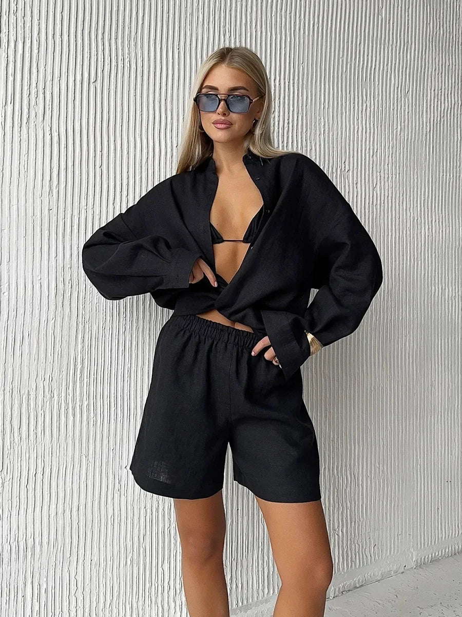 Wolfeel Women's Casual Shorts Sets 100% Cotton Solid Color Cozy Lapel Long Sleeve Shirt Summer New Elastic Waist Shorts Suits