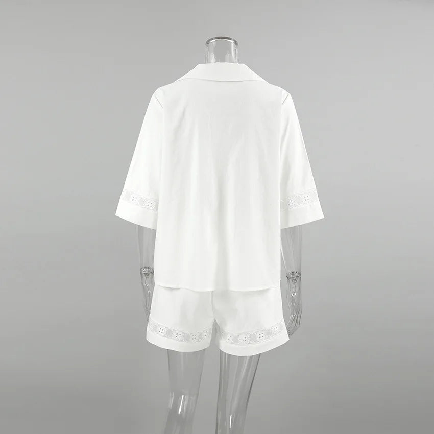 TARUXY Fashion White Cotton Linen Hollow Out Lace Up Top And Short Pants Suit Women's Loose Top Casual Splice Sets Lady Summer