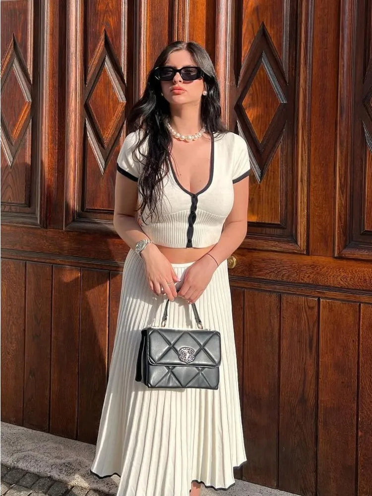 Tossy White Knit Sweater 2 Piece-Set Maxi Skirt For Women Ribbed Short Sleeve Cardigan Top And Long Skirt Sets Knitwear Outfits