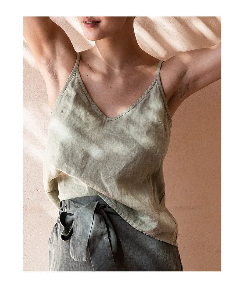 Pure Color Cotton Linen Sleeveless V-Neck Women's Tank Top Loose Fit Simple Style Outerwear Casual Comfortable Vest