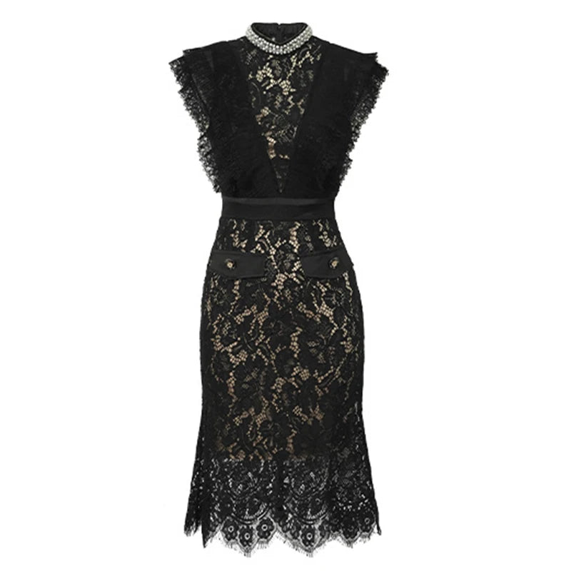 Women's French Noble Elegant Prom Dresses Black Lace Sheer Perspective Diamond High Waist Fishtail Robe Party Banquet Vestidos