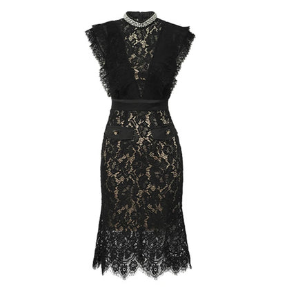 Women's French Noble Elegant Prom Dresses Black Lace Sheer Perspective Diamond High Waist Fishtail Robe Party Banquet Vestidos