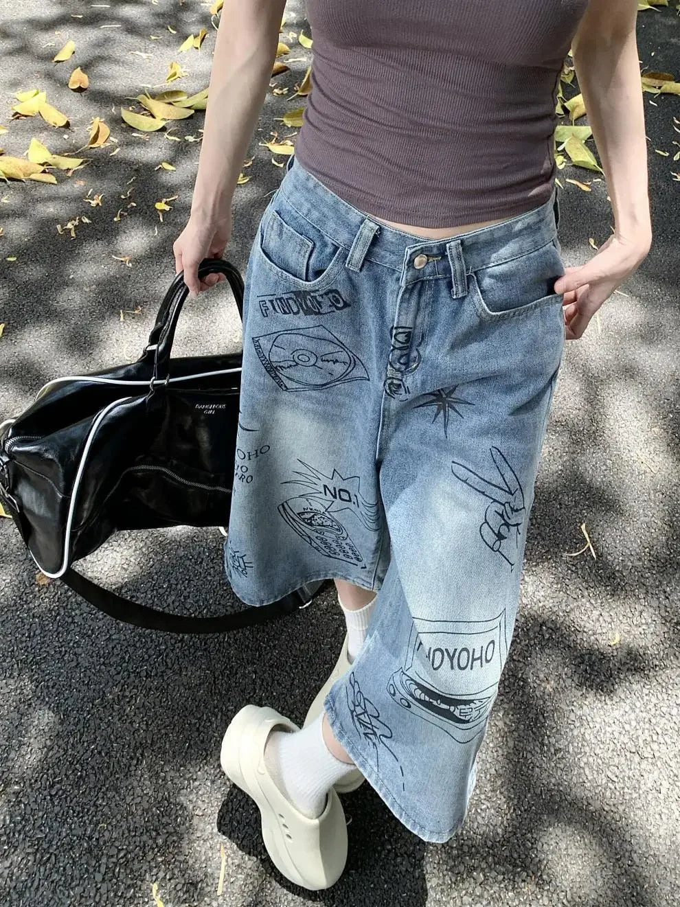 American Style Retro Street Women's Mid-Length Jeans Graffiti Design Loose Straight Cut Shorts Casual Fashionable Denim Shorts