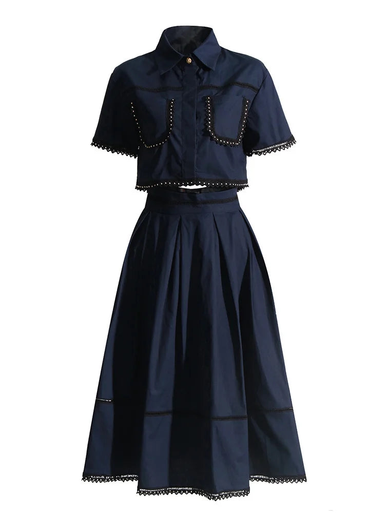GALCAUR Elegant Two Piece Sets For Women Lapel Short Sleeve Tops High Waist A Line Pleated Skirts Solid Set Female Summer 2023