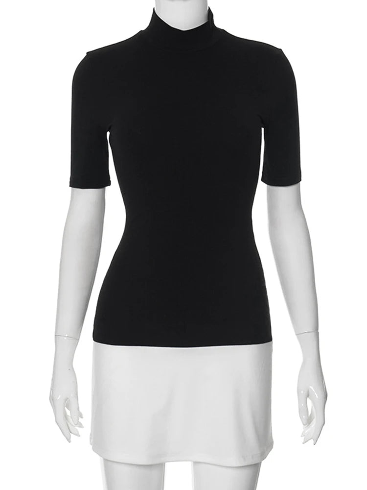 TARUXY Contrast Color Slim Mini Dress Female High Waist Splice Sexy Party Dress Half Turtleneck Women's Elegant 2024 Autumn New