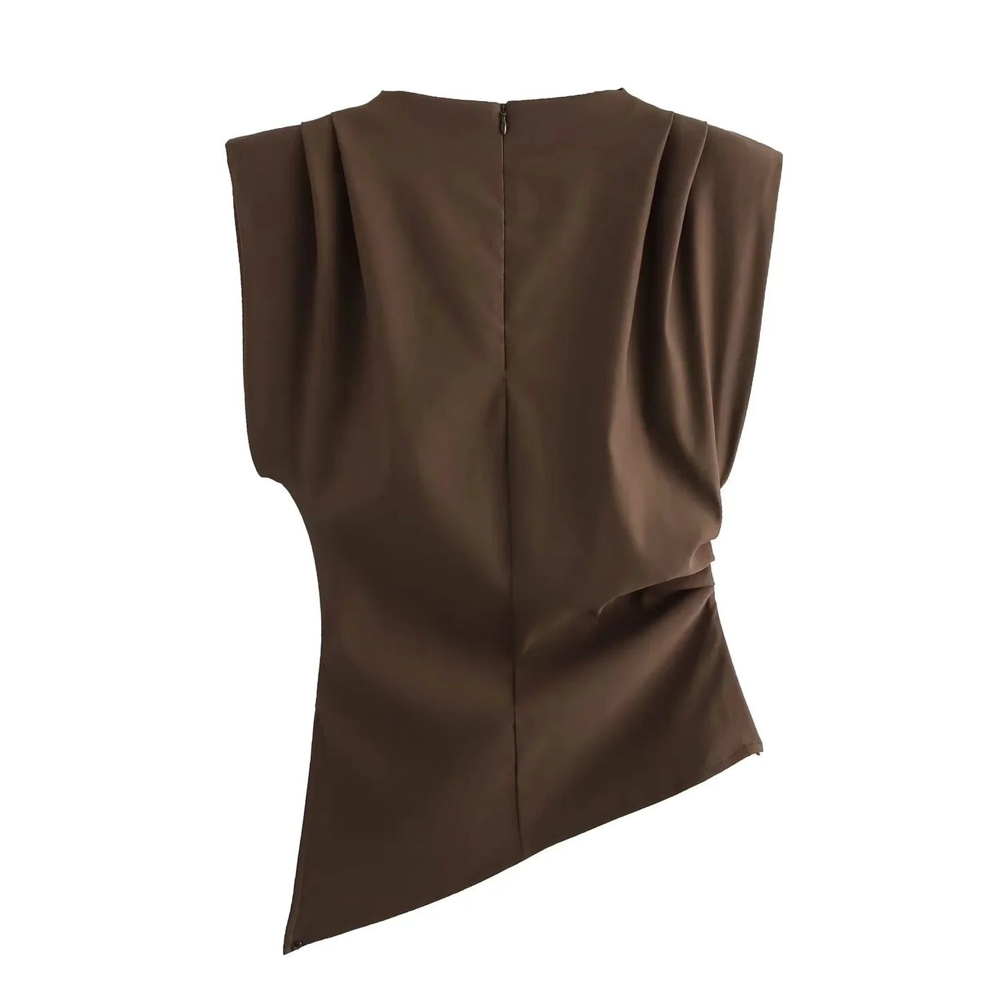 TRAFZA Vintage Chic Women Solid Asymmetric O-Neck Zipper Sleeveless Cross Folds Top Fashion 2025 Streetwear Padded Shoulder Top