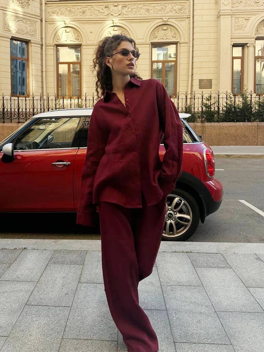 Bornladies Cotton Casual Pants Sets Women's Solid Color Cozy Lapel Long Sleeve Shirt Summer Outfit Elastic Waist Pants Suits