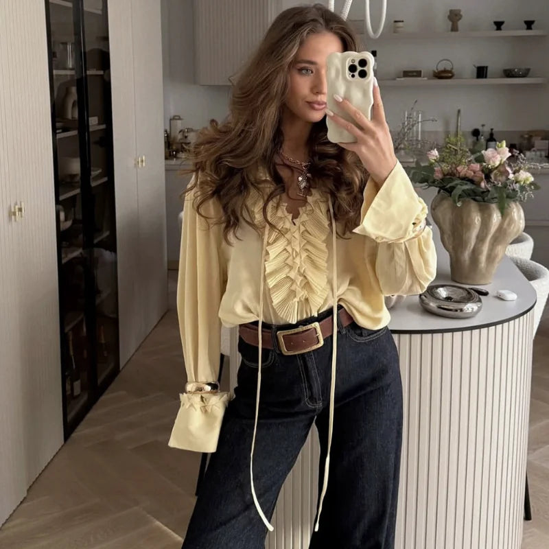 Talenza Casual Chiffon Shirt Women Fashion Pleated Lace-up Solid Lace Top Summer Vacation Loose Vintage Elegant  Female Blouses