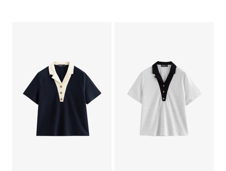 TOYOUTH Women Contrasting Colors POLO Collar T-shirt 2025 Summer New Short Sleeved Top