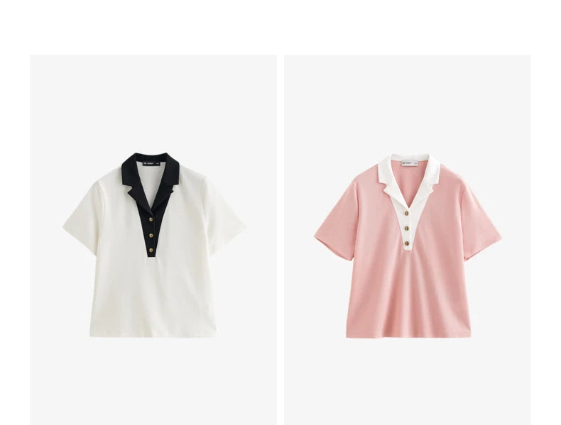TOYOUTH Women Contrasting Colors POLO Collar T-shirt 2025 Summer New Short Sleeved Top