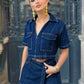 TRAFZA Summer Women Suits Denim Blue Turn-Down Collar Short Sleeves Pocket Decoration Shirts+Mid Waist Asymmetrical Shorts