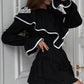 Jastie 2023 Autumn New Women's Dress Round Neck Long Bell Sleeve Ruffle Dresses Women's Temperament Design Short Black Dress