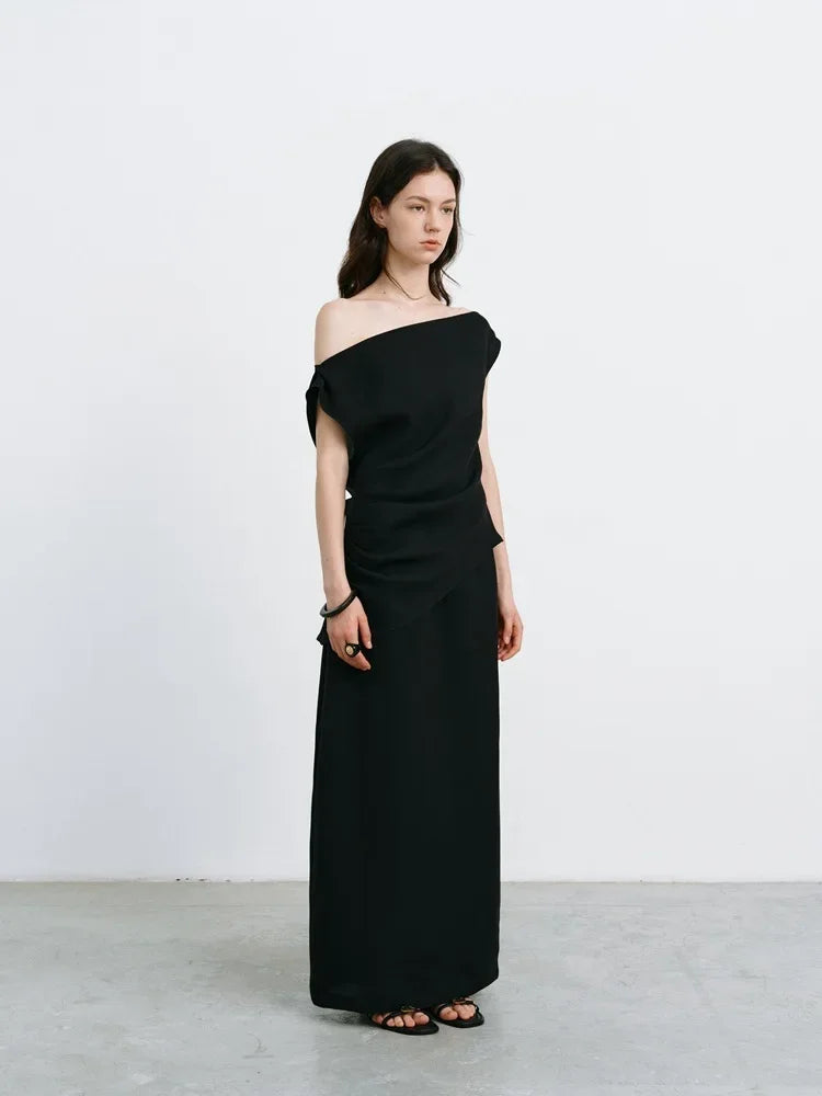 Elegant High-Waisted A- Line Skirt For Women Summer Commuting Long Dress Textile Song WhiteDrapedSideSlitLongDress