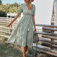 Women's Causal Striped Tassel Medium Long Dress V Neck Button Short Sleeve Spring Summer Dress