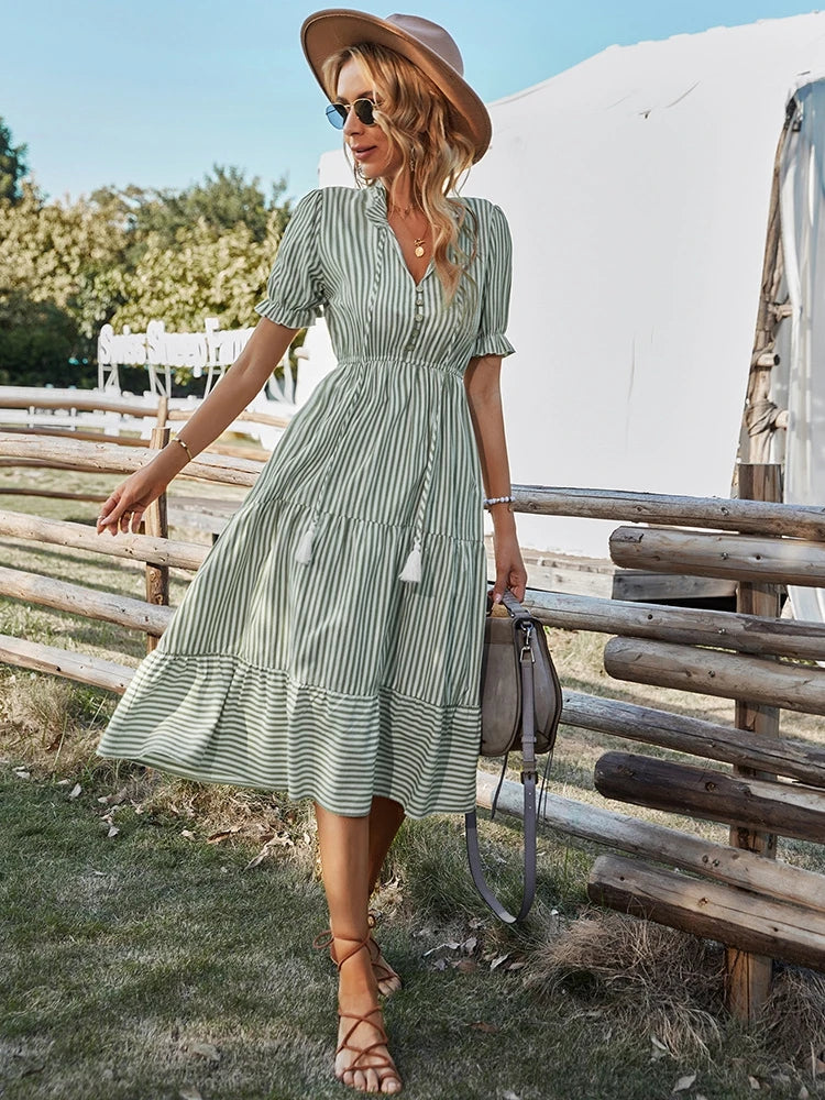 Women's Causal Striped Tassel Medium Long Dress V Neck Button Short Sleeve Spring Summer Dress
