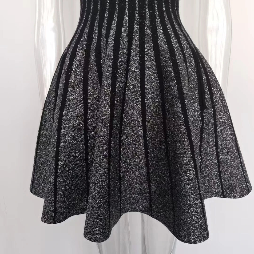 2024 Autumn Vintage Style High Quality Lady Sleeveless O-neckline Women Mini Short Knitted A-line Striped Dress