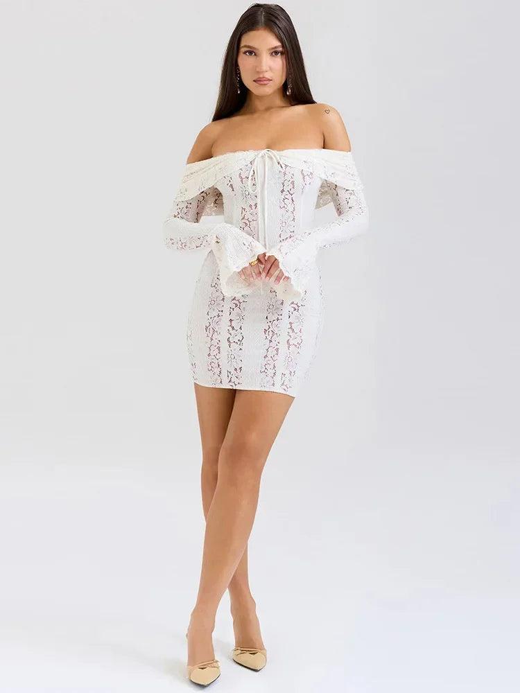 TARUXY Black Lace Flare Sleeve Dress One-Shoulder Women's Slim Tight Waist Sexy Gown Dress Elegant Strapless Long Fishtail Dress