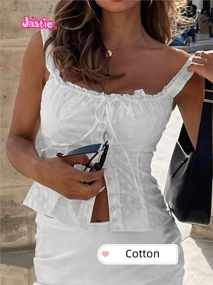 2024 New White Lace Tied Square Neck Summer T-shirts Chic Elegant Short Sleeve Tee Cotton Y2K Street Casual Bow Tie-up Top Women