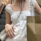 2024 New White Lace Tied Square Neck Summer T-shirts Chic Elegant Short Sleeve Tee Cotton Y2K Street Casual Bow Tie-up Top Women