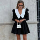 Tuularose Black Patchwork Dress Women's New Elegant Pleated A-Line Short Dress High Waist Office Lady Retro Party Dress Vestidos