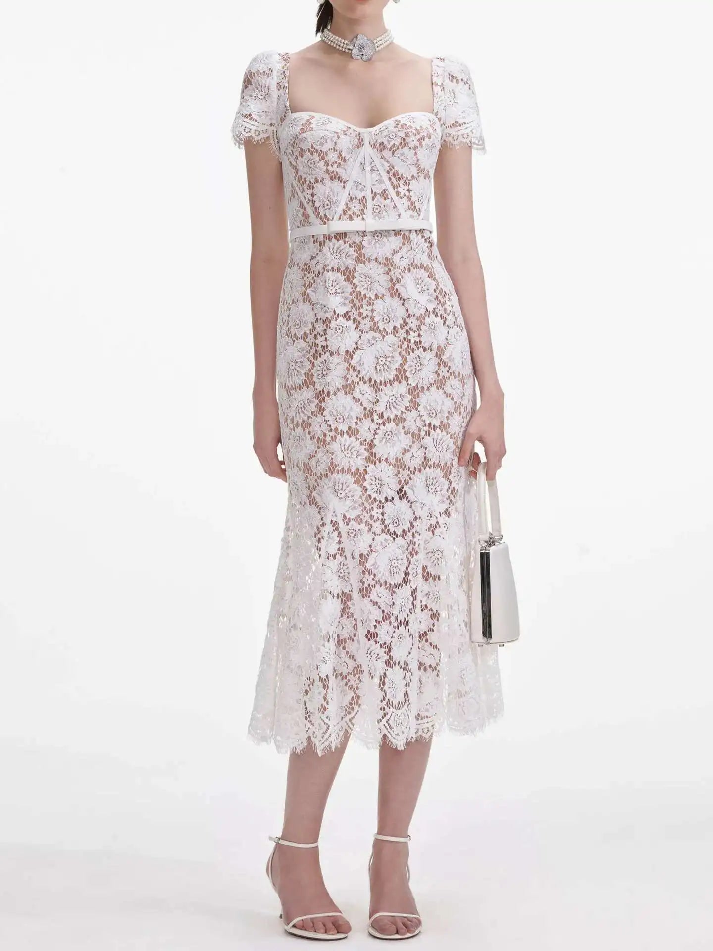 Luxury Hollow Out Long Lace Dresses Women Summer Sexy Hook Crochet Embroidery Flower Solid Backless Wedding Evening Vestidos